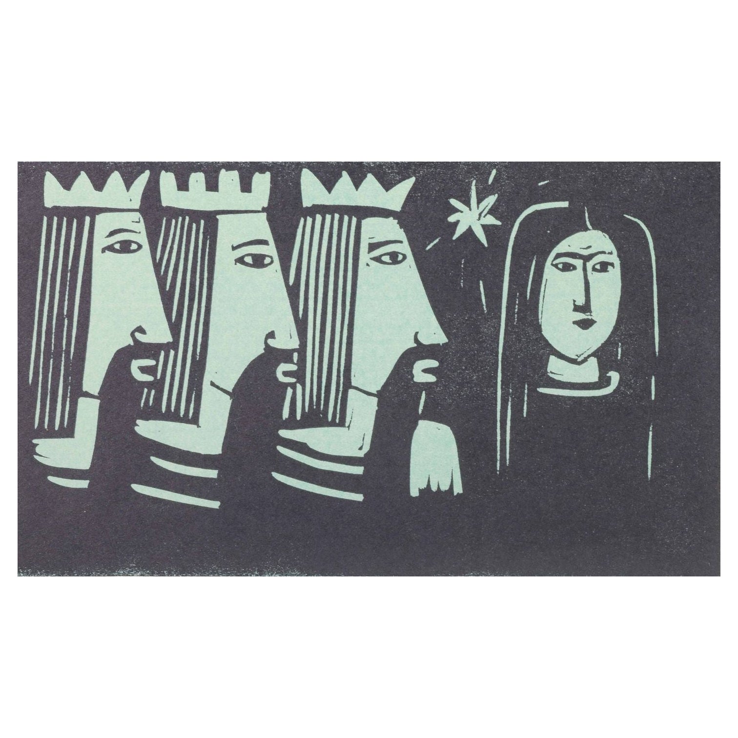 Åke Holm, Suède. Gravure sur bois en noir et blanc représentant les Rois Mages et la Mary.