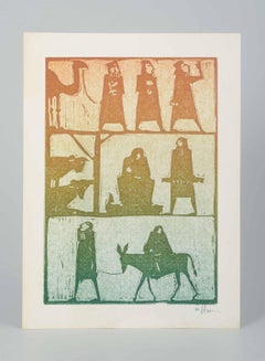Åke Holm, Sweden. Colored woodcut. Nativity of Jesus. Ca. 1950s