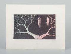 Åke Holm, Sweden. Colored woodcut. Two stylized faces framed by tree branches.