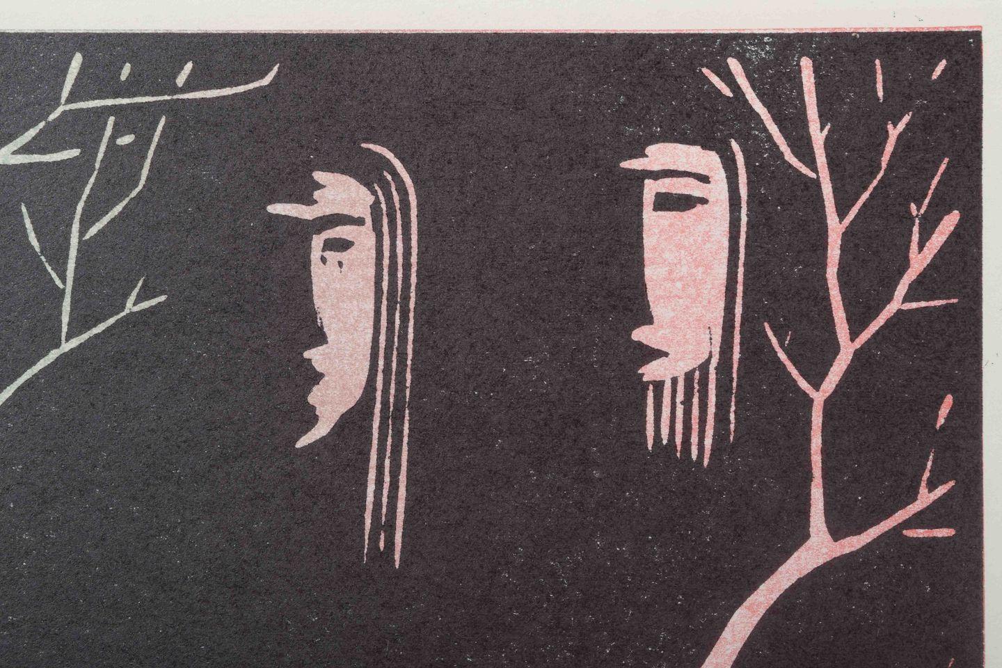 Åke Holm, Schweden. Kolorierter Holzschnitt. Zwei stilisierte Gesichter, eingerahmt von Ästen. (Moderne) im Angebot