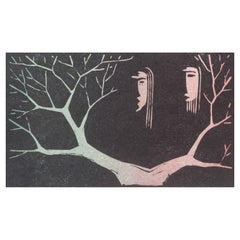 Åke Holm, Sweden. Colored woodcut. Two stylized faces framed by tree branches.