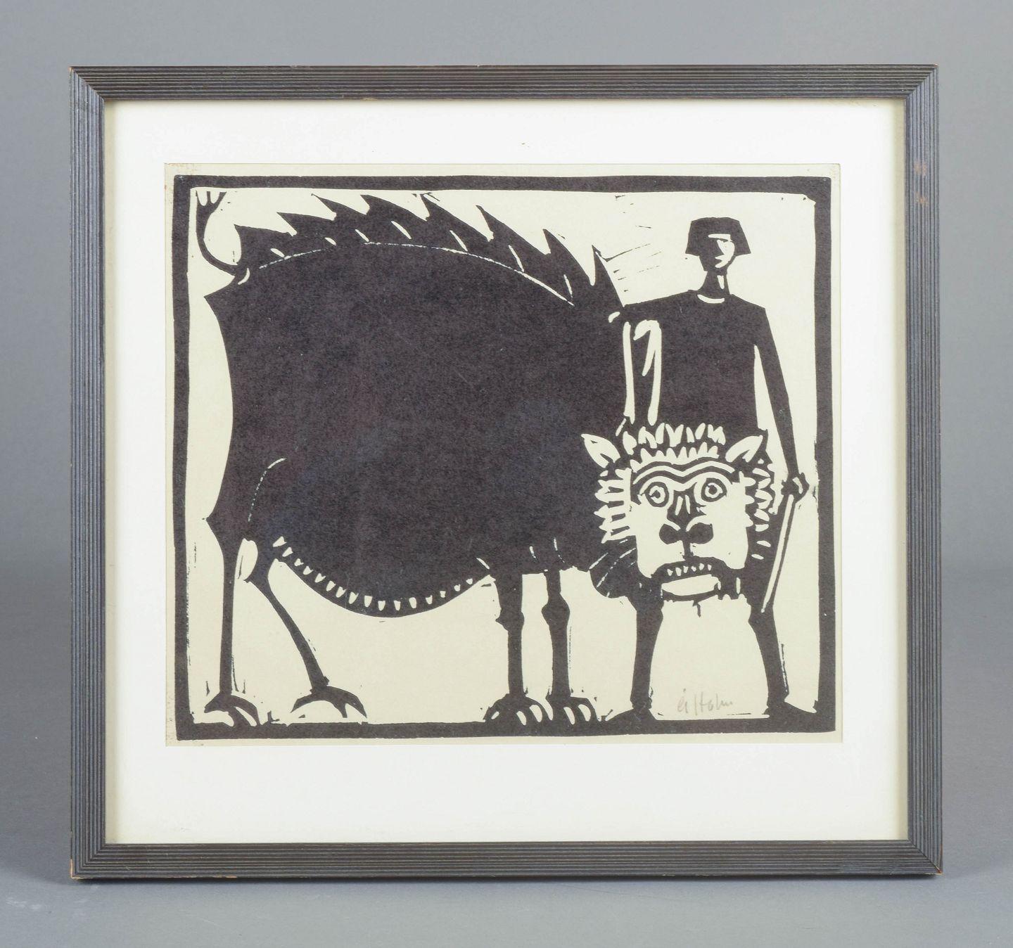 Åke Holm, Suède.  Gravure sur bois sur papier. Daniel dans la fosse aux lions, 1970
Un motif biblique puissant représentant le prophète Daniel aux côtés d'un puissant lion. 
Le style distinctif de Whiting réduit les personnages à des formes