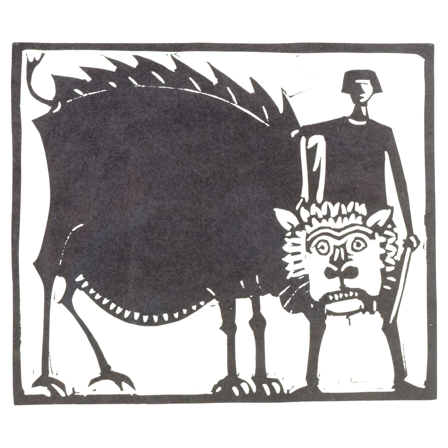 Åke Holm, Suède. Gravure sur bois sur papier. DEN dans la fosse aux lions, années 1970. en vente