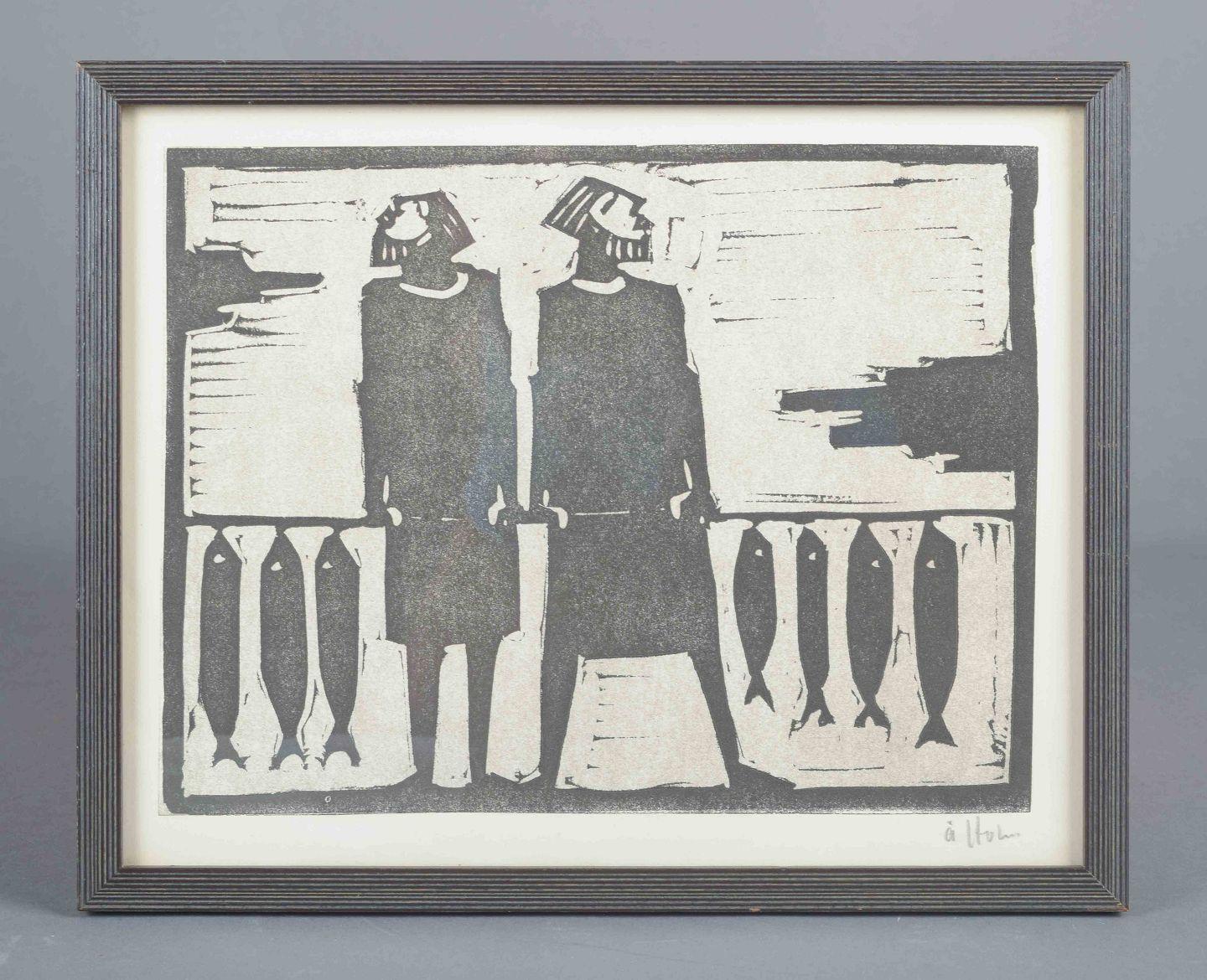 Åke Holm, Svezia. Xilografia su carta. Gli apostoli Peter Peters e Andrew Andrews.

Un soggetto biblico che raffigura due figure maschili - identificate come gli apostoli Peter e Andrew - in piedi accanto a una balaustra decorata con motivi di