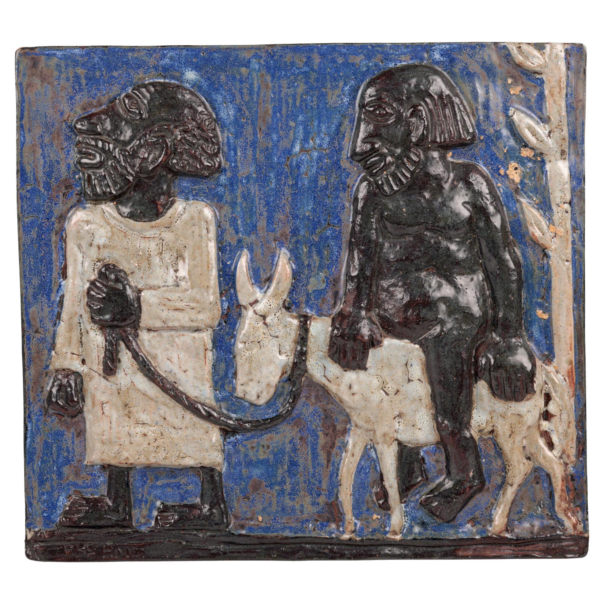 Plaque murale en céramique Åke Holm Swedish Höganäs Men with Donkey (Hommes avec âne)