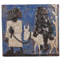 Åke Holm Swedish Höganäs Men with Donkey Ceramic Wall Plaque