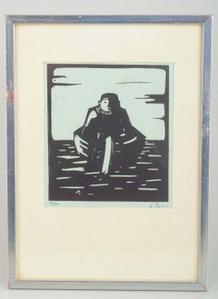 Åke Holm. Woodcut on paper. Biblical motif: man in a boat. Mid-20th C.