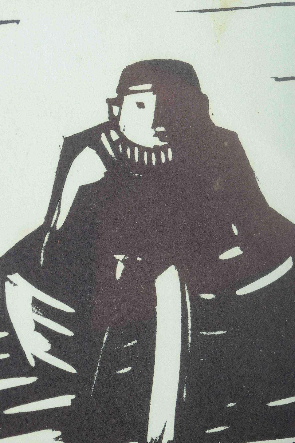 Åke Holm. Holzschnitt auf Papier. Biblisches Motiv: Mann in einem Boot. Mitte des 20. Jahrhunderts (Moderne) im Angebot