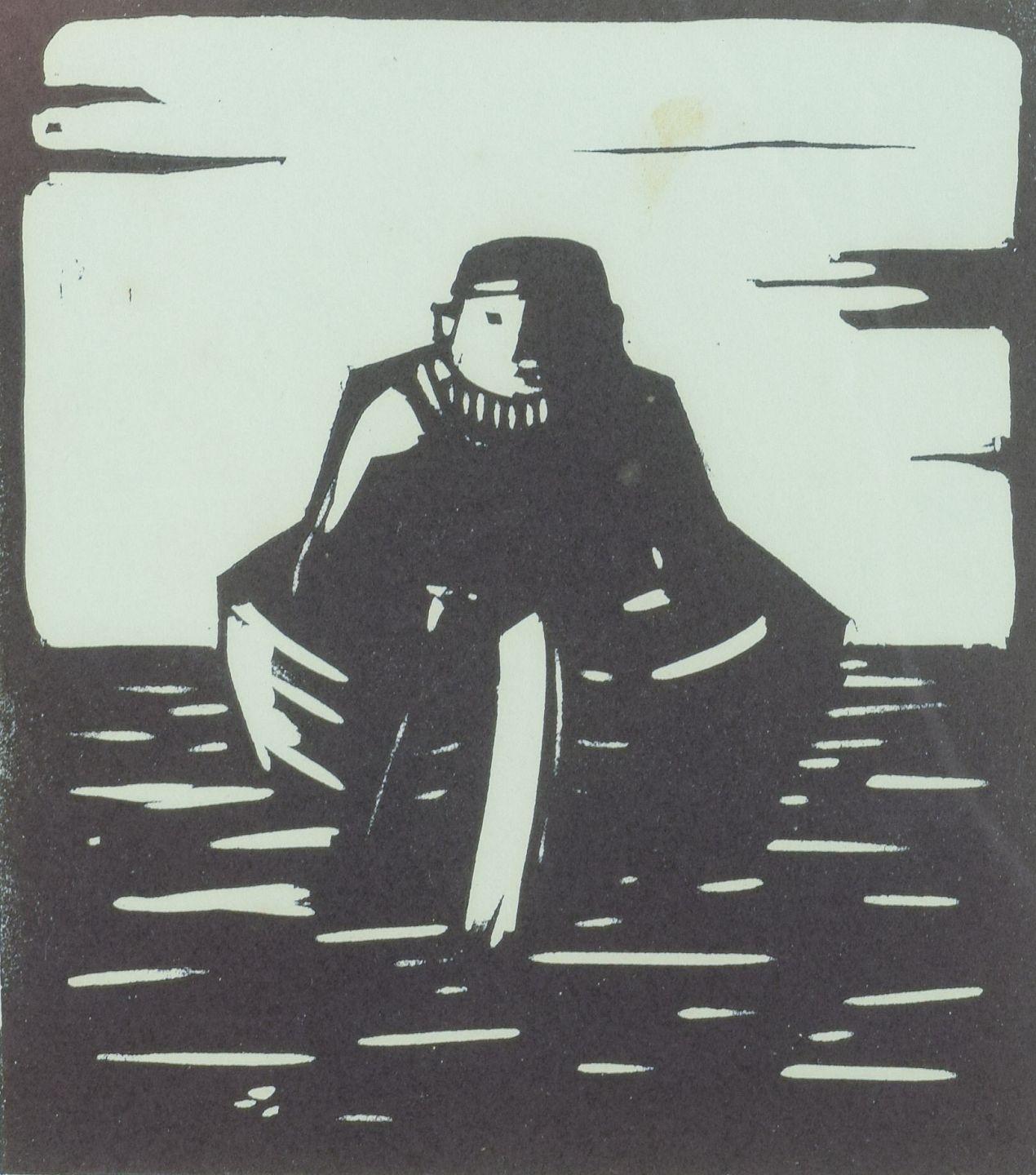 Åke Holm. Holzschnitt auf Papier. Biblisches Motiv: Mann in einem Boot. Mitte des 20. Jahrhunderts (Schwedisch) im Angebot