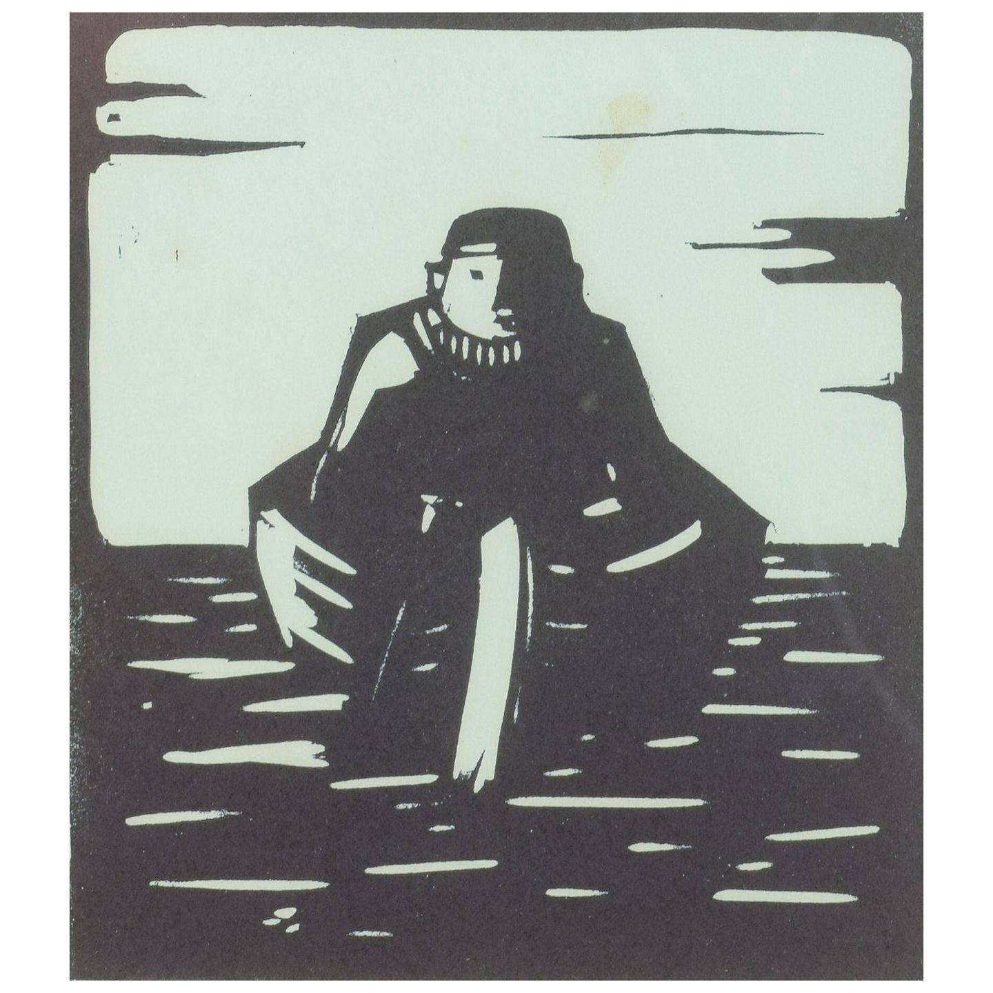 Åke Holm. Gravure sur bois sur papier. Motif biblique : homme dans une barque. Milieu du 20e siècle.