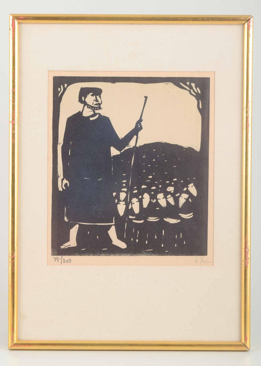 Åke Holm. Holzschnitt auf Papier. Biblisches Motiv eines Hirten mit Stab und Herde.

Künstler: Åke Holm (1900-1980)
Titel/Motiv: Biblisches Motiv (Hirte mit Stab und Herde)
Technik: Holzschnitt
MATERIAL: Papier
Bildgröße: 21 × 18 cm
Rahmen: 36 × 26