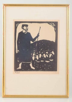 Åke Holm. Woodcut on paper. Biblical motif of shepherd with staff and flock.