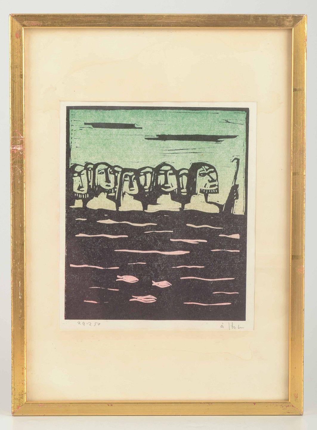 Åke Holm. Holzschnitt auf Papier. 
Biblisches Motiv (Figurengruppe am Wasser, Fisch im Vordergrund)

Künstler: Åke Holm (1900-1980)
Titel/Motiv: Biblisches Motiv
Technik: Holzschnitt in Farben auf Papier
Bildgröße: 21 × 18 cm
Rahmengröße: 36 × 26
