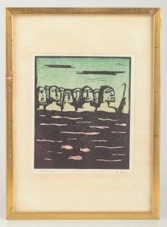 Åke Holm. Woodcut on paper. Biblical motif with group of figures by water.