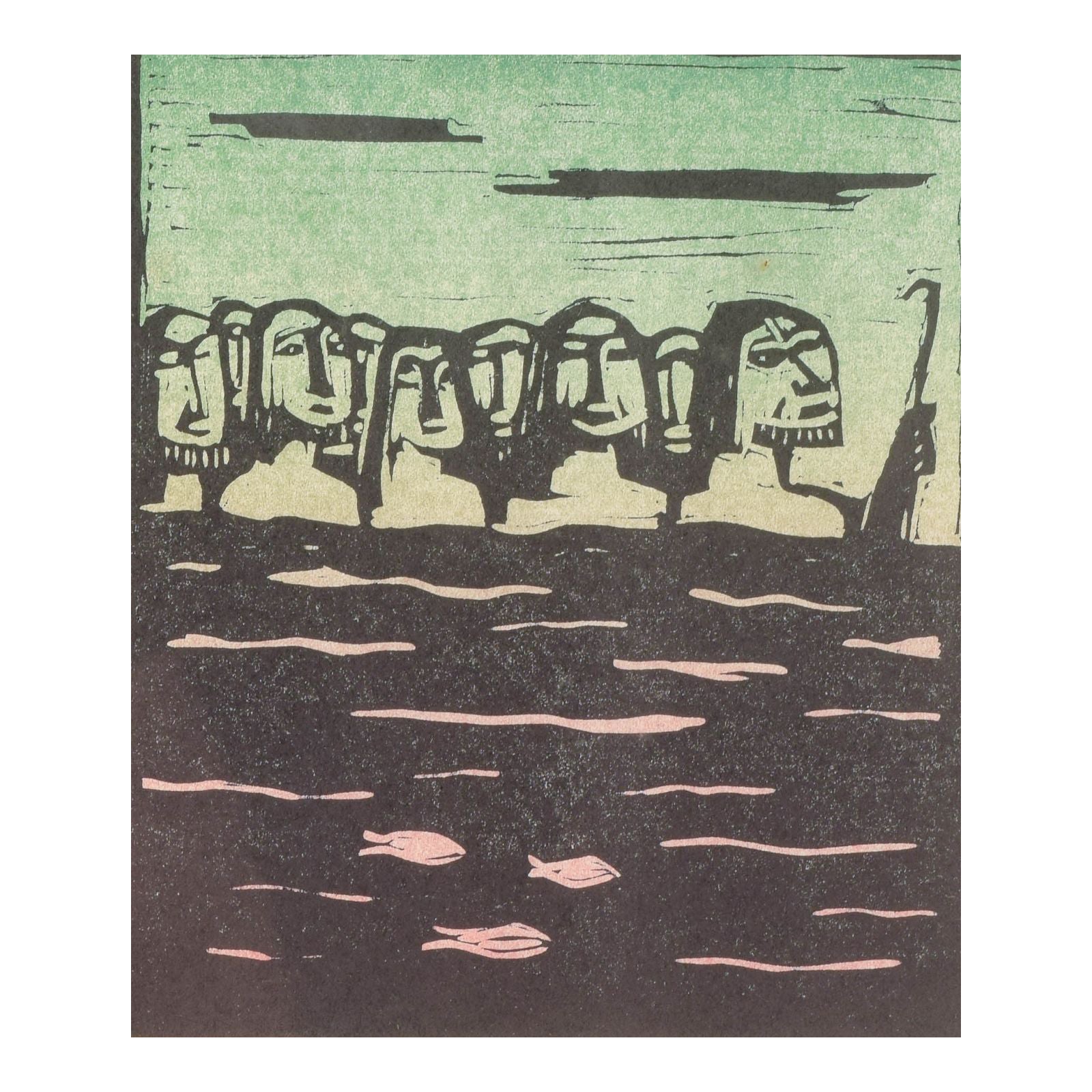 Åke Holm. Gravure sur bois sur papier. Motif biblique avec groupe de personnages au bord de l
eau.