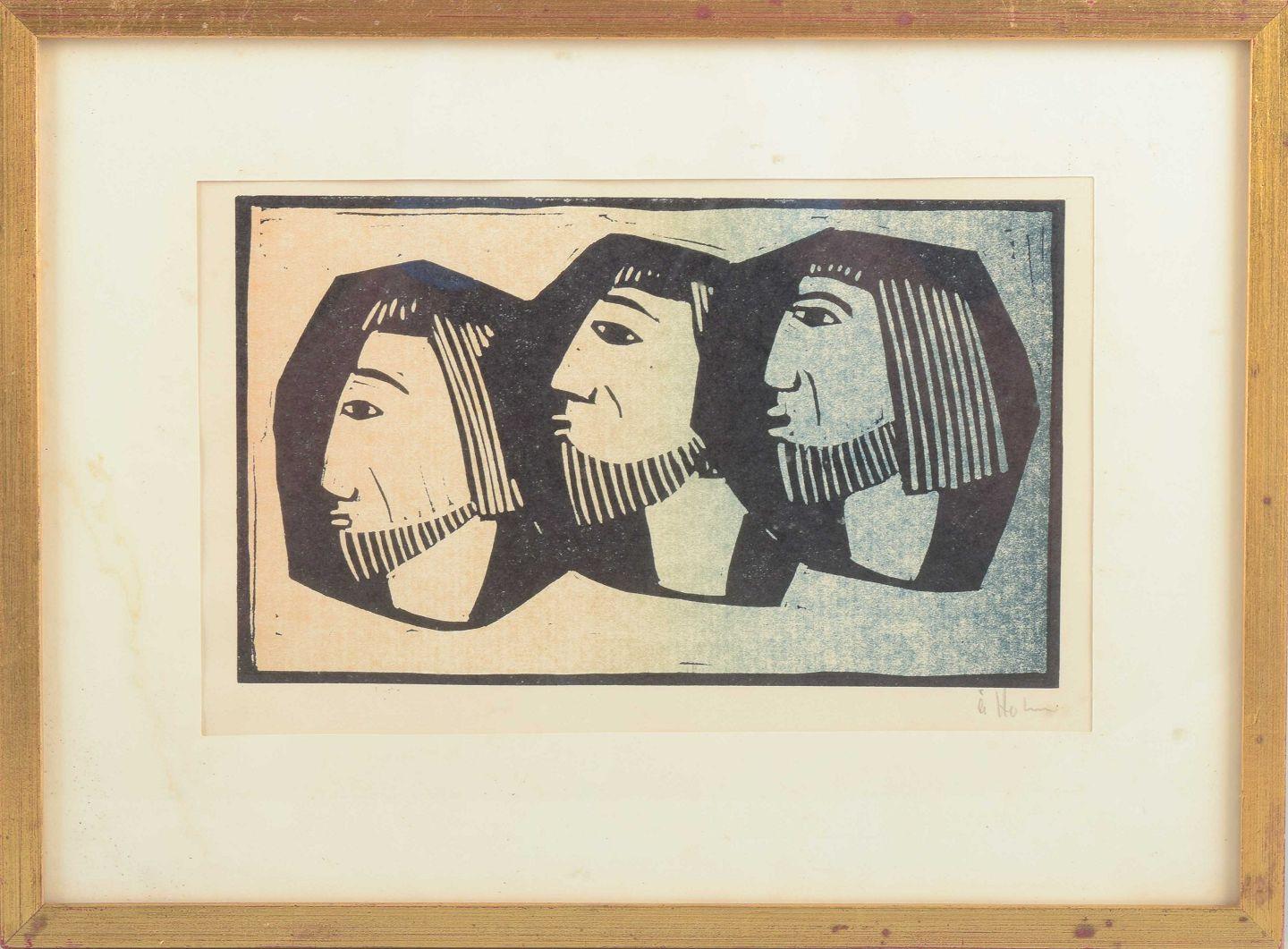 Åke Holm (1900-1980). 
Komposition mit drei Köpfen.
Kolorierter Holzschnitt auf Papier.

Künstler: Åke Holm (1900-1980)
Technik: Holzschnitt in Farben
Motiv: Drei Profile
Bildgröße: 14 × 22,5 cm
Rahmen: 25 × 32,5 cm
Unterschrift: Signiert unten