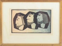 Åke Holm. Woodcut on paper. Composition with three heads. Mid-20th C.