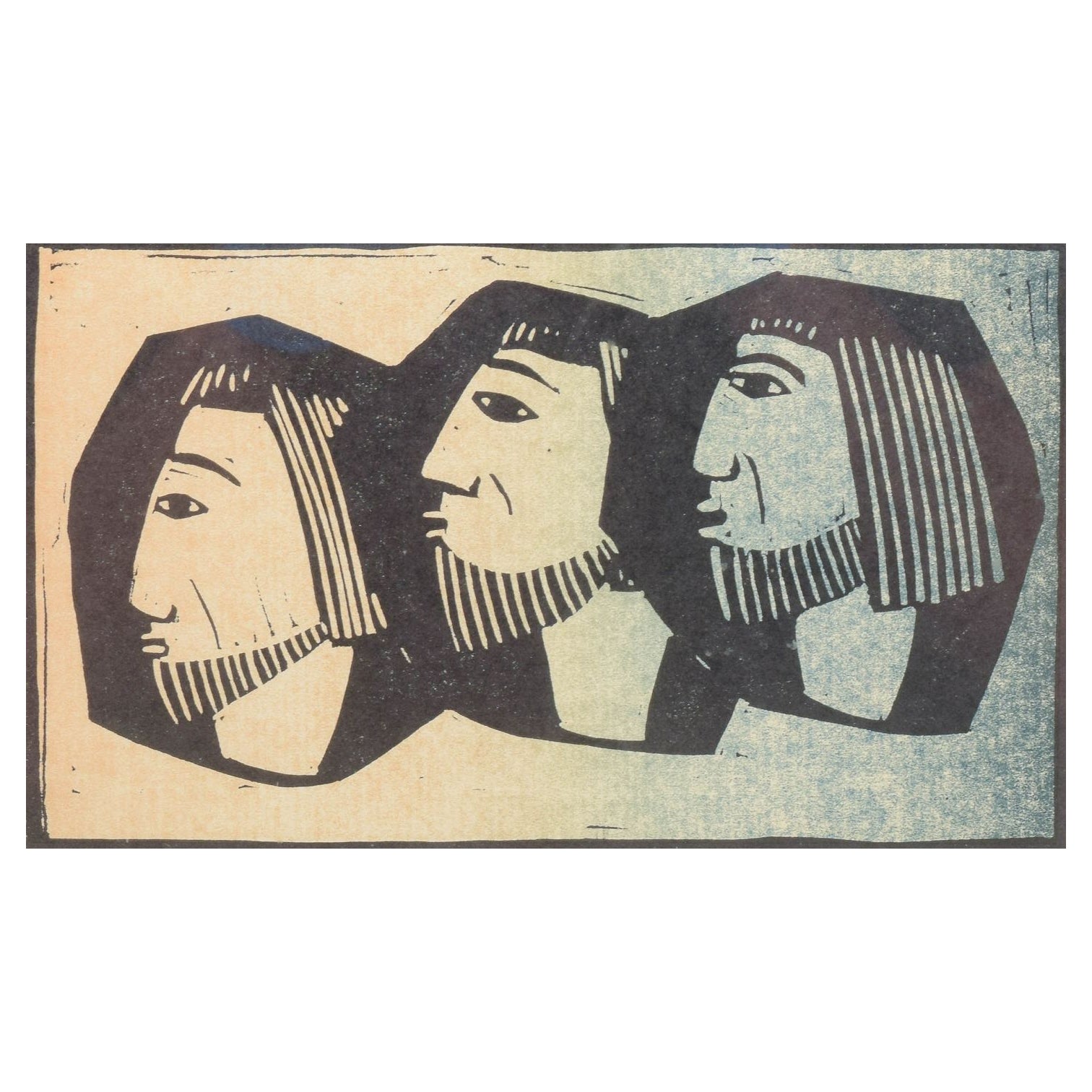 Åke Holm. Holzschnitt auf Papier. Komposition mit drei Köpfen. Mitte des 20. Jahrhunderts