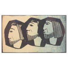 Åke Holm. Woodcut on paper. Composition with three heads. Mid-20th C.