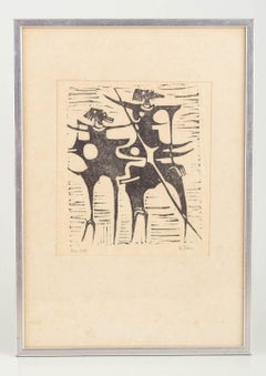 Åke Holm. Woodcut on paper. Composition with two abstract figures.