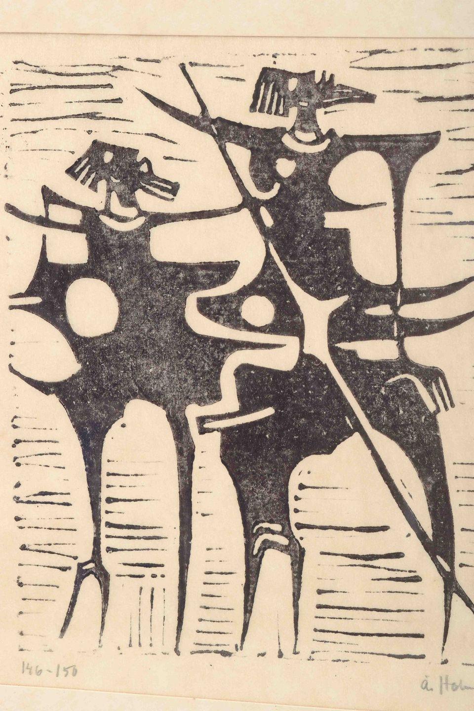 Moderno Åke Holm. Xilografia su carta. Composizione con due figure astratte. in vendita