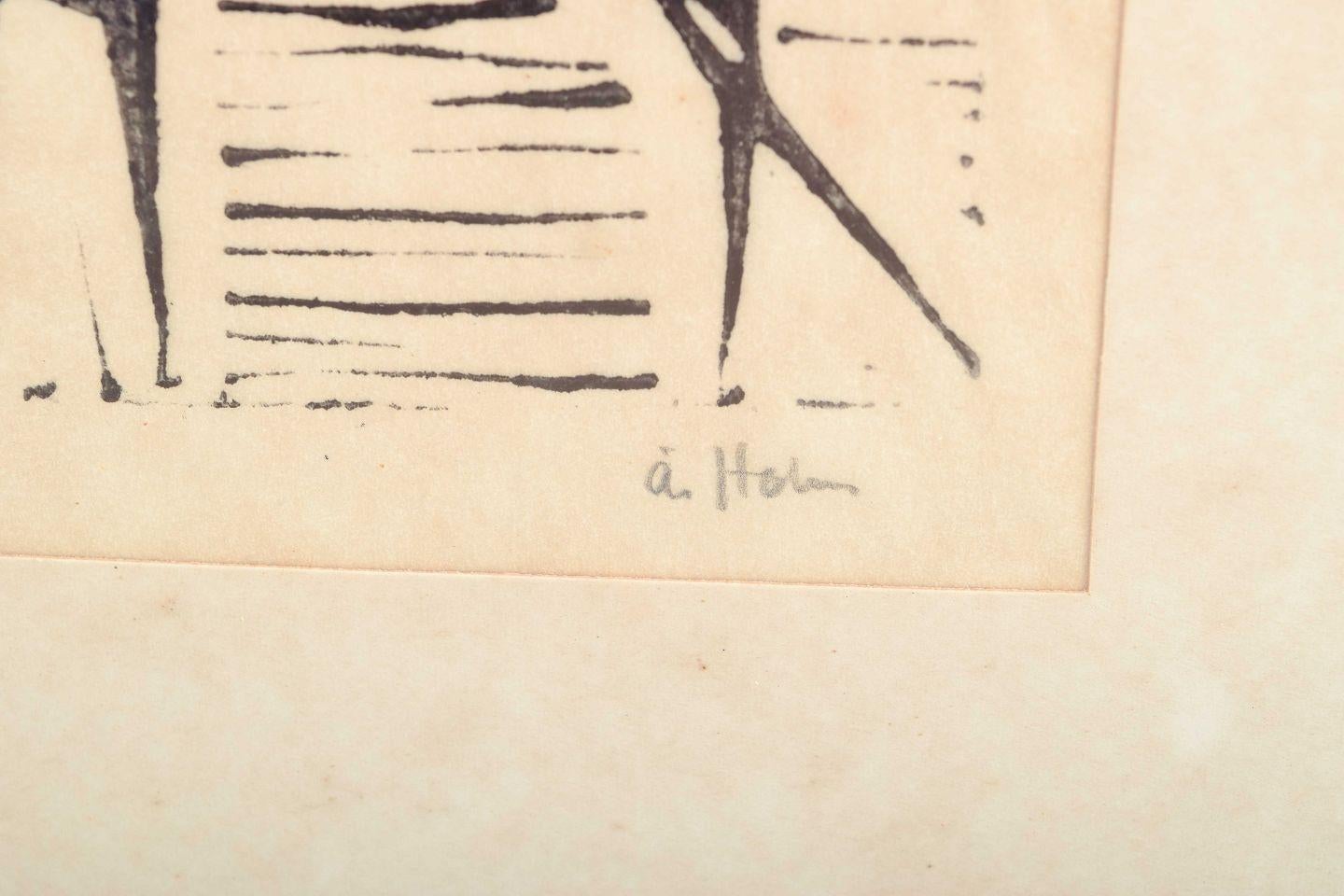 Åke Holm. Xilografia su carta. Composizione con due figure astratte. In condizioni buone in vendita a København, Copenhagen