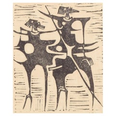 Åke Holm. Woodcut on paper. Composition with two abstract figures.