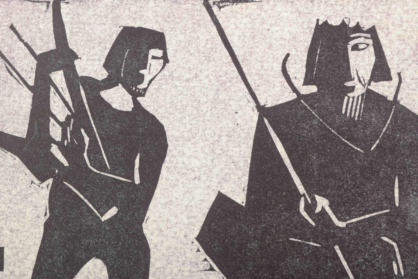 Moderne Åke Holm. Gravure sur bois sur papier. Composition avec deux personnages (David et Paul). en vente
