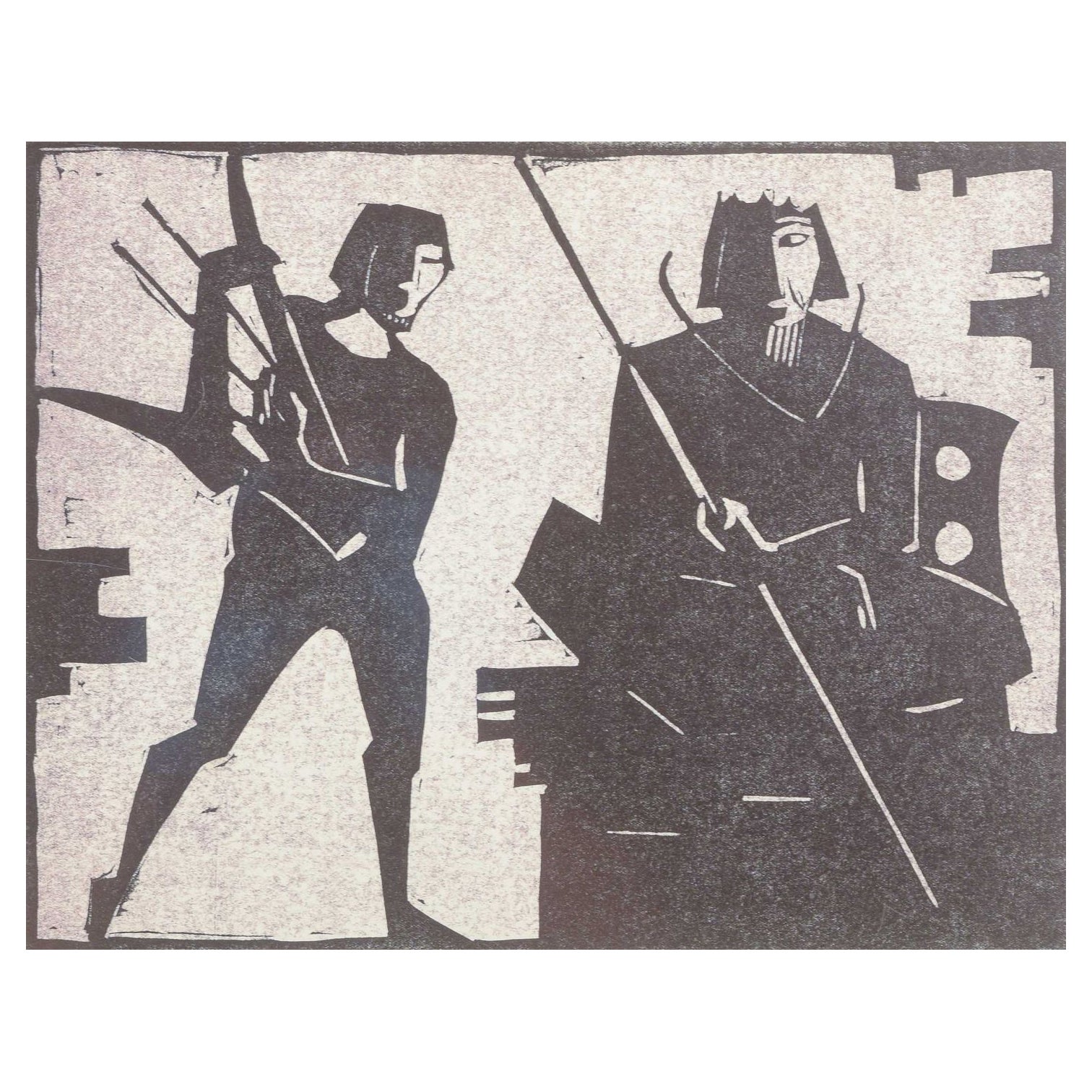 Åke Holm. Gravure sur bois sur papier. Composition avec deux personnages (David et Paul).