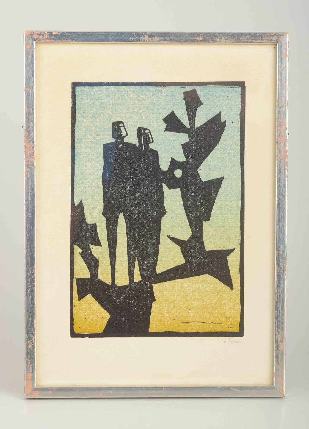Åke Holm. Holzschnitt auf Papier. Komposition mit zwei Figuren, Mitte 20. Jahrhundert.

Titel/Motiv: Biblisches Motiv
Technik: Holzschnitt in Farben
Bildgröße: 23 × 15 cm
Rahmengröße: 33 × 23,5 cm
Unterschrift: Signiert 