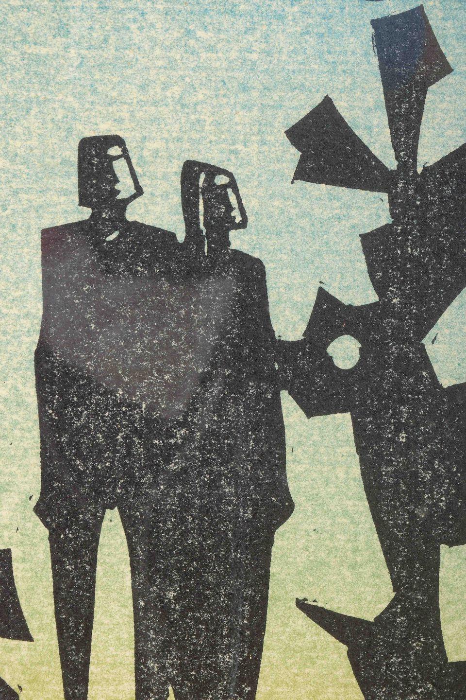 Åke Holm. Holzschnitt auf Papier. Komposition mit zwei Figuren, Mitte 20. Jahrhundert. (Moderne) im Angebot