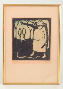 Åke Holm. Woodcut on paper. Figural composition. Mid-20th C.