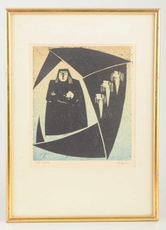 Åke Holm. Woodcut on paper with biblical motif. Dated 1950.
