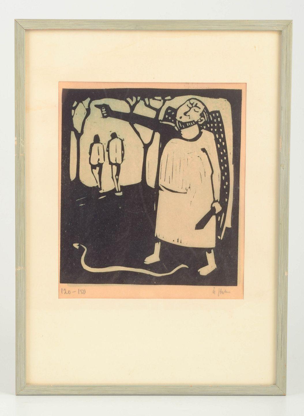Åke Holm. Gravure sur bois sur papier avec une composition figurative.

Artistics : Åke Holm (1900-1980)
Titre / motif : Motif biblique
Technique : Gravure sur bois
Taille de l'image : 21 × 18 cm
Taille du cadre : 36 × 26 cm
Signature : Signé 