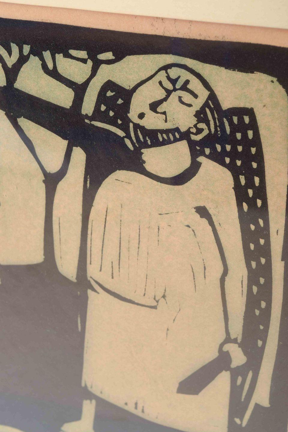 Moderne Åke Holm. Gravure sur bois sur papier avec une composition figurative. Milieu du 20e siècle. en vente