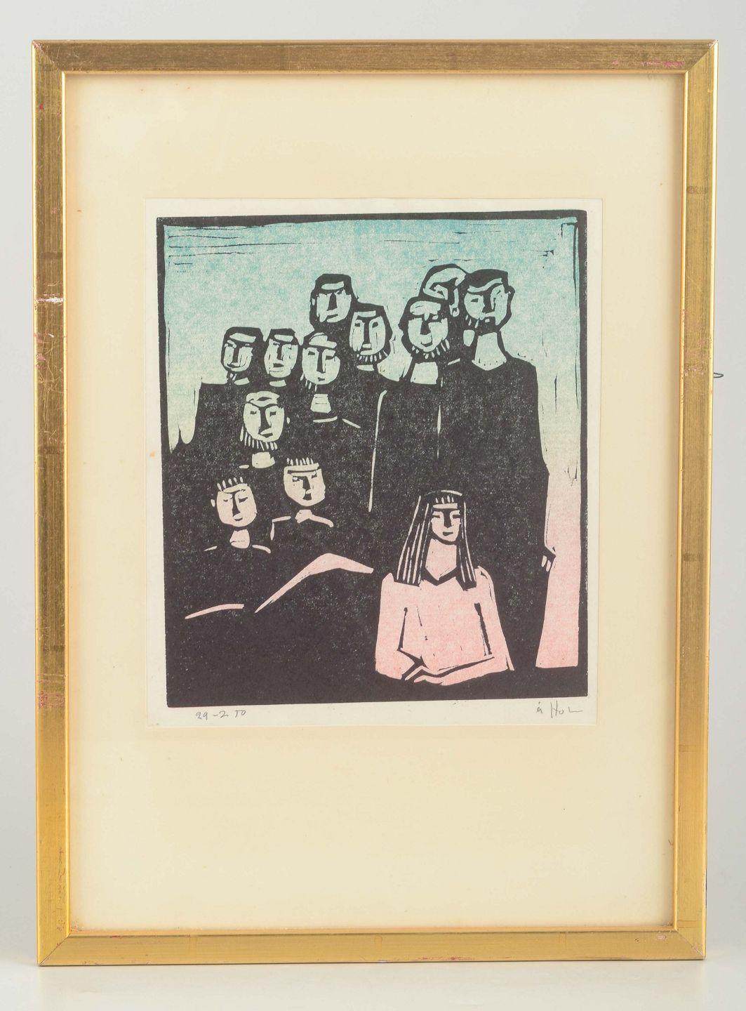 Åke Holm. Gravure sur bois avec des figures de groupe. 
Impression en couleur dans les tons noir, rose et bleu.

Artistics : Åke Holm (1900-1980)
Titre : Sans titre (composition de groupe)
Technique : Gravure sur bois (impression en