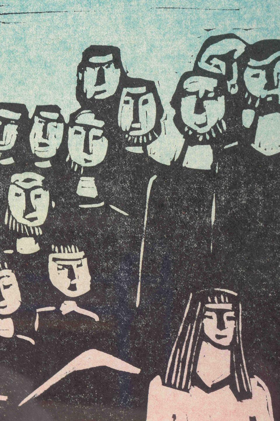 Moderne Åke Holm. Gravure sur bois avec des figures de groupe. Impression en couleur dans les tons noir, rose et bleu en vente