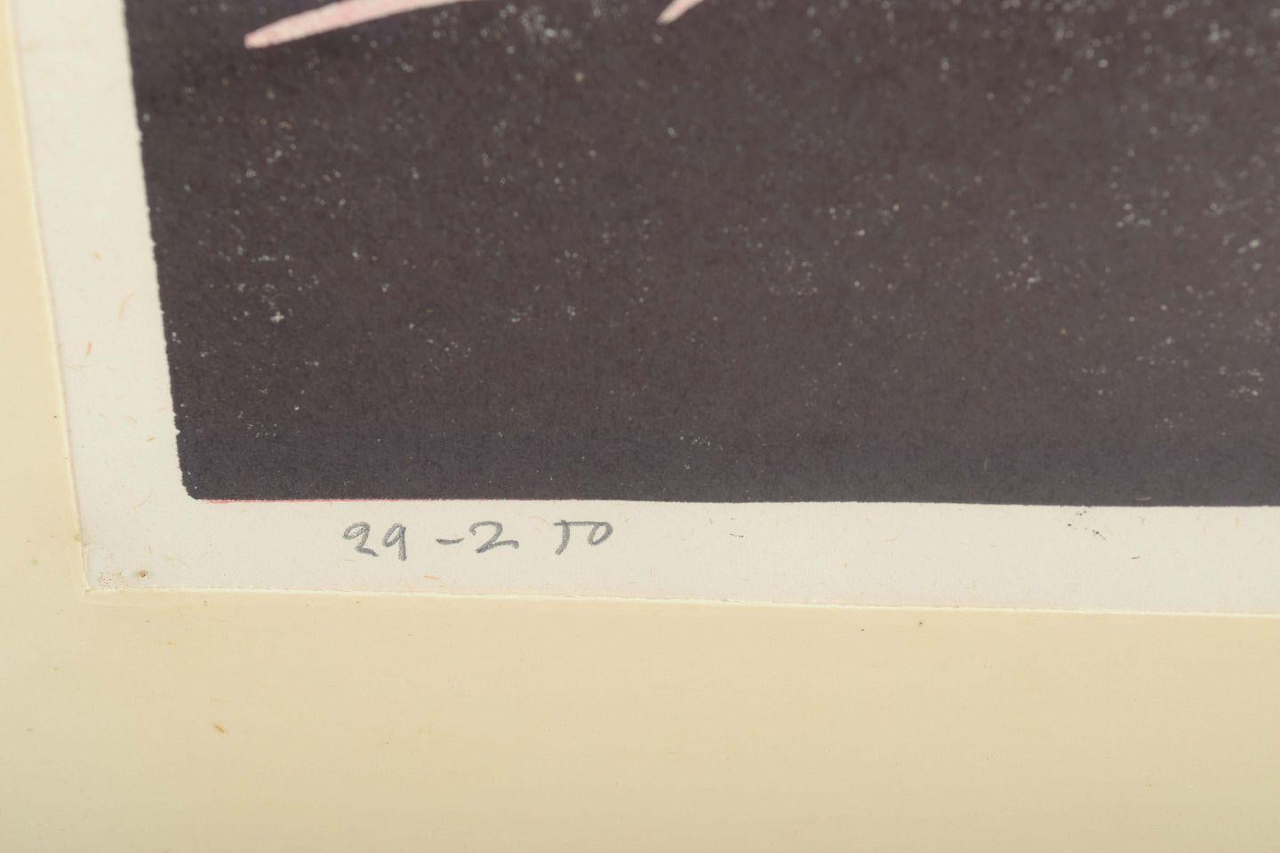 Suédois Åke Holm. Gravure sur bois avec des figures de groupe. Impression en couleur dans les tons noir, rose et bleu en vente