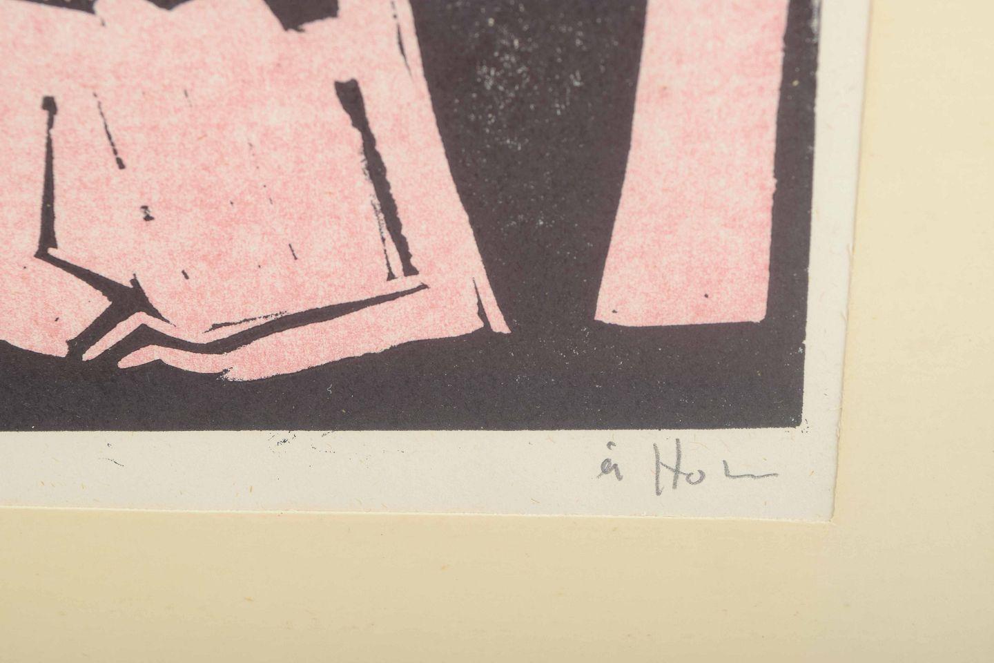 Åke Holm. Gravure sur bois avec des figures de groupe. Impression en couleur dans les tons noir, rose et bleu Excellent état - En vente à København, Copenhagen