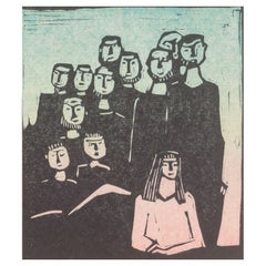 Åke Holm. Gravure sur bois avec des figures de groupe. Impression en couleur dans les tons noir, rose et bleu
