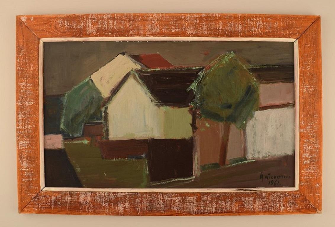 Åke Wickström (b. 1927), Sweden. 
Oil on board. 
Modernist landscape. Dated 1961.
The canvas measures: 46 x 25 cm.
The board measures: 5 cm.
In excellent condition.
Signed and dated.