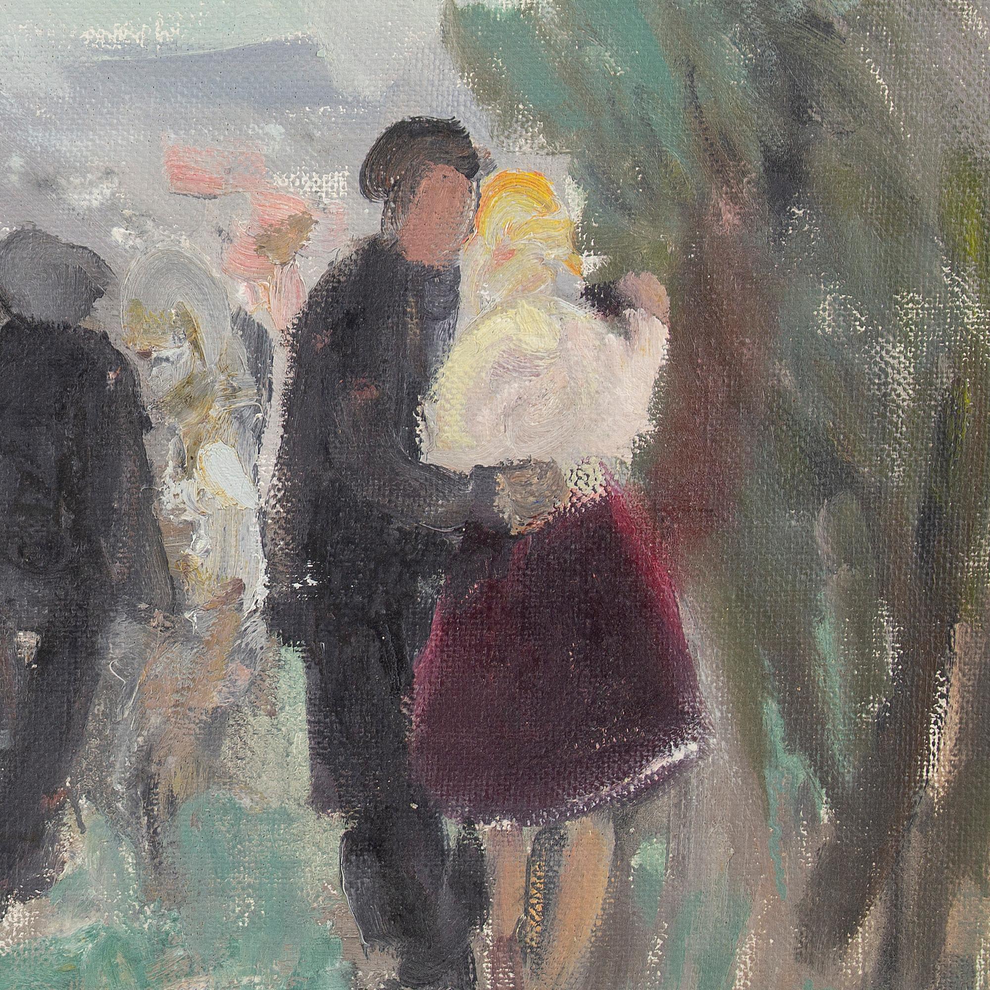 This lively 20th-century oil on canvas by Swedish artist Ake Wickstrom (b.1927) depicts a group of couples dancing outdoors. Oh to be there, throwing caution to the wind and waltzing away on the grass.

Wickstrom rarely takes himself too seriously