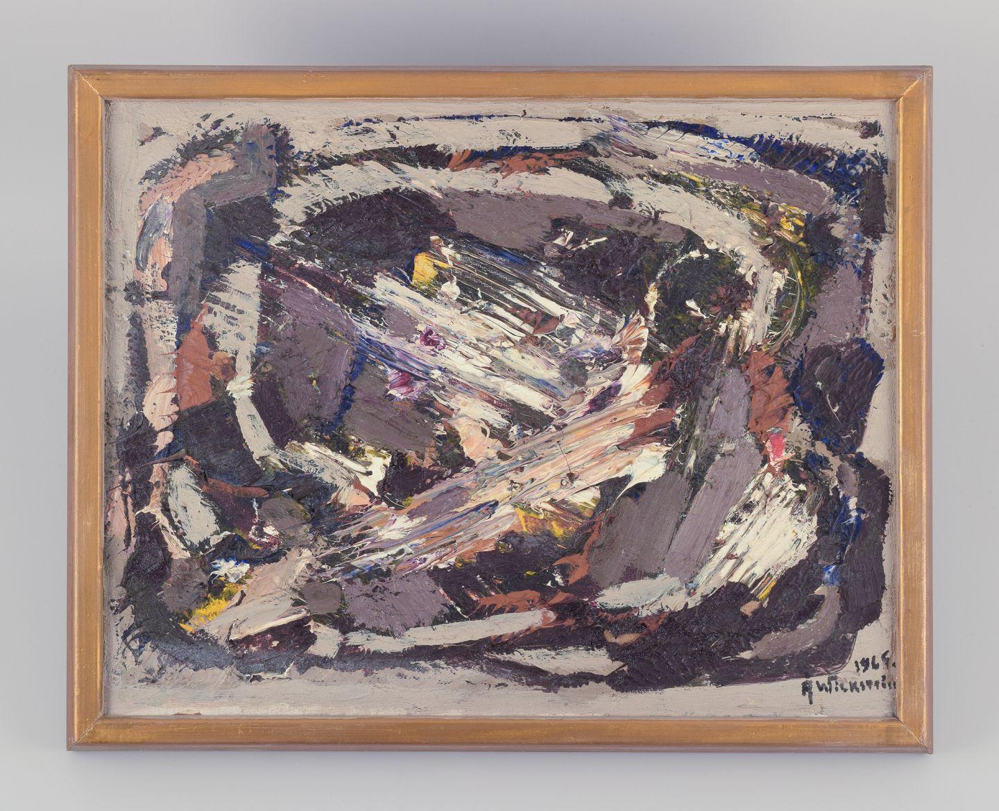 PRE-OWNED GOODS ARE EXEMPT FROM IMPORT TARIFFS FOR U.S., UK, AUSTRALIAN & CANADIAN CUSTOMERS.   
THEREFORE, NO IMPORT TARIFFS WILL BE APPLICABLE TO YOUR PURCHASE. 

Åke Wickström, Swedish artist.
Oil on canvas.
Abstract composition.
Title: ‘Reflexer