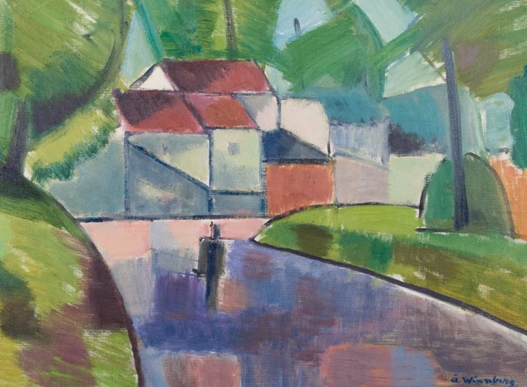 Åke Winnberg, eingetragener schwedischer Künstler, Öl auf Leinwand, modernistische Landschaft (Moderne)