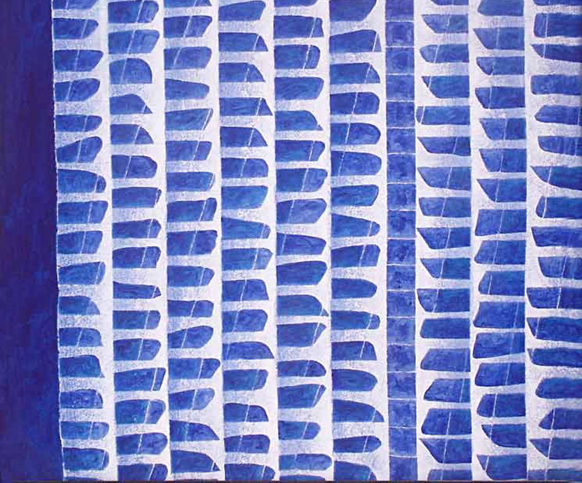 Peinture abstraite, acrylique sur toile, bleue, blanche, de l'artiste indien « en stock » - Violet Abstract Painting par Akhilesh