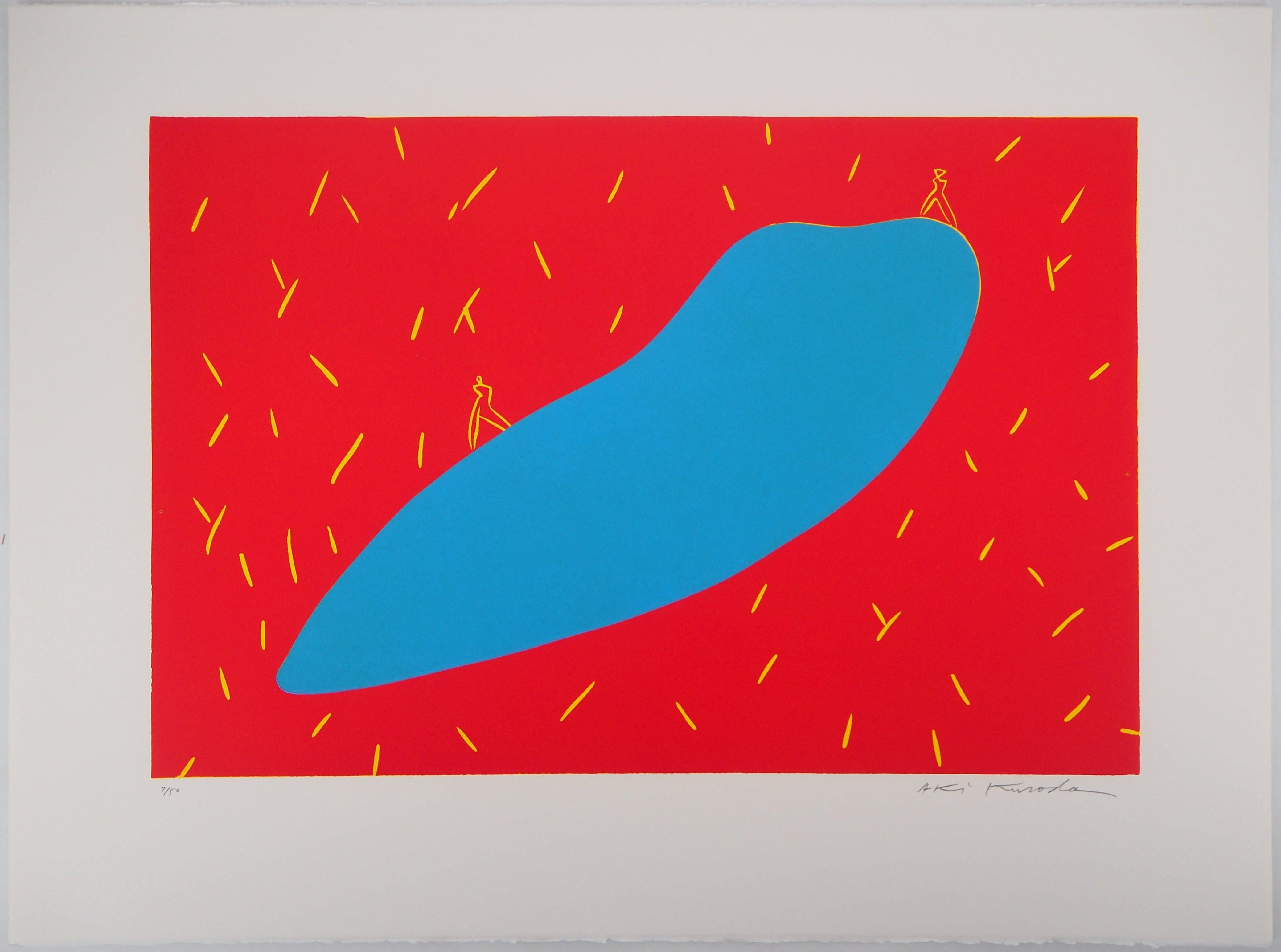 Aki Kuroda Abstract Print - Meet on the Blue Planet - Original Linocut, Handsigned and Numbered /50