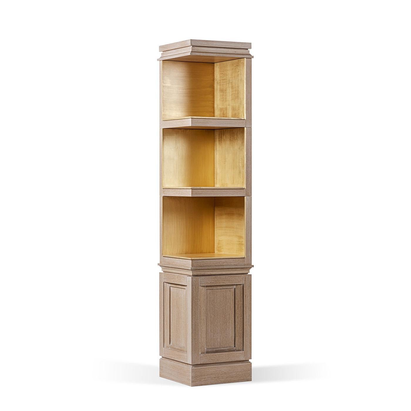 The Akiba Oak lacquered bookcase, expertly crafted from lustrous oak wood, boasts a sleek and sophisticated design, enhanced by its modular composition, allowing for versatility and adaptability to suit any storage needs. The paneles are ingeniously