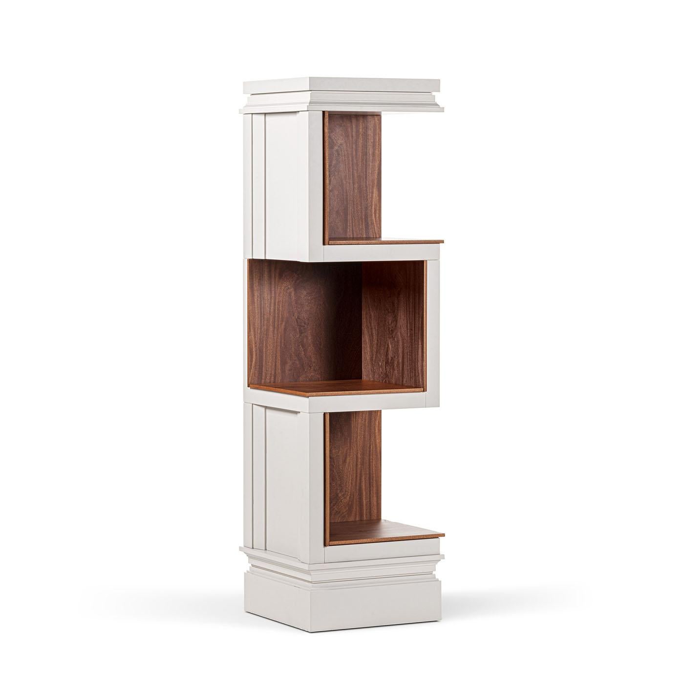 The Akiba lacquered bookcase, expertly crafted from lustrous oak wood, boasts a sleek and sophisticated design, enhanced by its modular composition, allowing for versatility and adaptability to suit any storage needs. The paneles are ingeniously