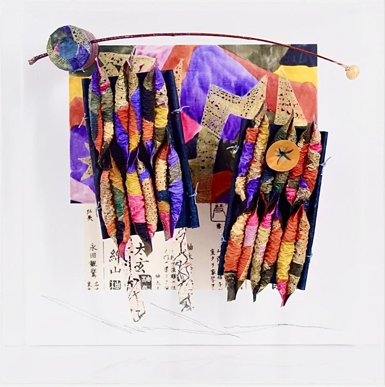 Akiko Sugiyama Japanese Calligraphy Painting Collage, 3D Shadow Box Sculpture For Sale 1