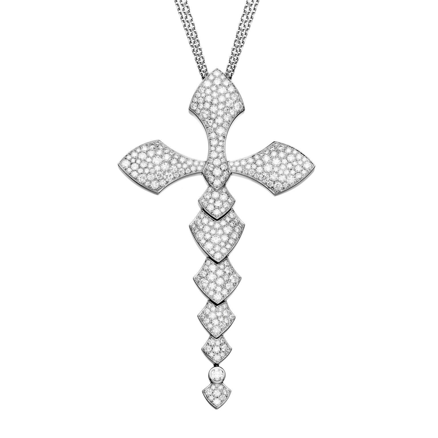 Akillis Python Cross Pendant 18 Karat White Gold White Diamonds Extra Large Size For Sale